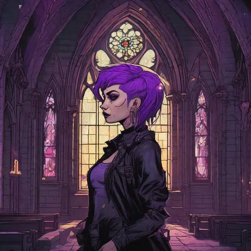 Prompt: gothic punk woman with purple hair before a gothic church, Dan Mumford, Brock Hofer, trending on artstation