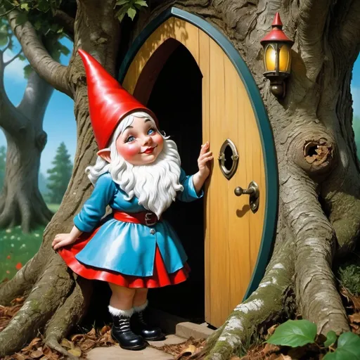 Prompt: pinup lady gnome next to a door in a tree, high quality, Keith Parkinson, highres, 1950s, vintage, dreamlike, surreal, whimsical, mystical setting, fairytale, vibrant colors