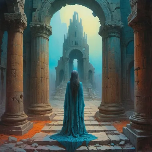 Prompt: close up of a lonely priestess among palatial ruins of a temple cathedral, dreamy, dark fantasy, animated style, mysterious, masterpiece painting, jewel colors, detailed, Beksinski