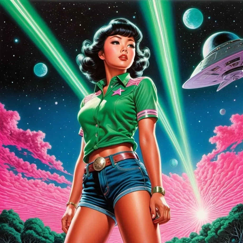 Prompt: Virgil Finlay, Tsubaki Nekoi, Vasanti Unka, Hiroshi Masumura, Chiho Saito, Surrealism, wonder, patriotic american girl in jean shorts and cowboy boots, detailed masterpiece low high angles perspectives, star trek, glowing neon, pink and green colors