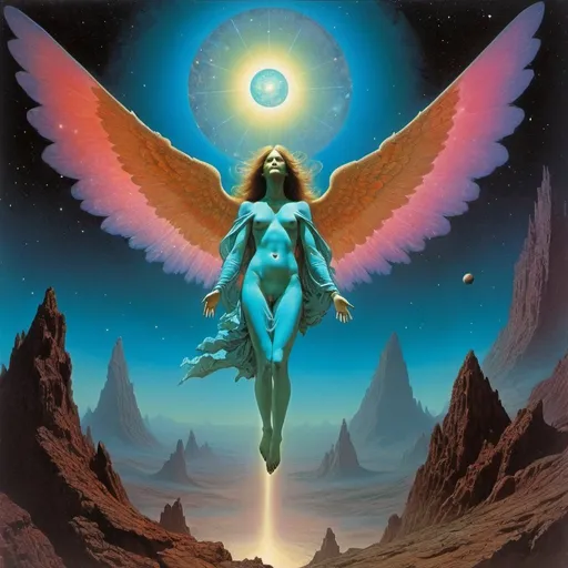 Prompt: 70s psychedelic collage, angel with wings flying through outer space, galaxy, ethereal, alien beauty, Michael Whelan, Beksinski, 