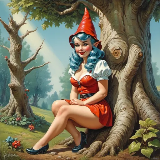 Prompt: pinup female gnome next to a tree, high quality, Keith Parkinson, highres, 1950s, vintage, dreamlike, surreal, whimsical, mystical setting, fairytale, vibrant colors