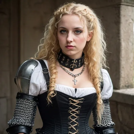 Prompt: woman in modern knightcore outfit, renaissance outfit with skirt, ranger, punk, chain mail, corset, long curly blonde hair, joan of arc, beautiful 