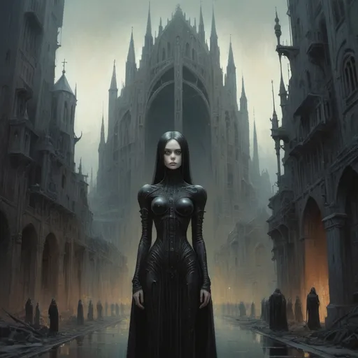 Prompt: woman standing in front of gothic catholic style dystopian city in style of Beksinski, catholic iconography, harpers bazaar, Art by Jock, pino daeni , art by lois van baarle and loish and ross tran , Charles Vess, Chiho Aoshima , Kay Nielsen, dark ambient, chiaroscuro, Simon Bisley, and H.R. Giger. insist artstation, art by stanley artgerm, painting by daniel f gerhartz, art by Andrew Atroshenko,