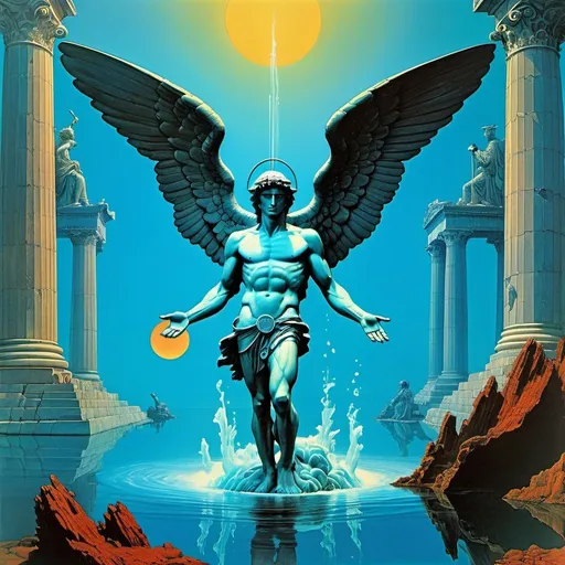 Prompt: 70s psychedelic collage, greek statue of hermes with winged shoes half submerged in water, alluring, ethereal, Michael Whelan, Beksinski
