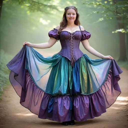 Prompt: Renaissance fair outfit, gauzy and iridescent fabric, billowing layered skirt and cinched corset, shiny translucent iridescent purple green and blue
