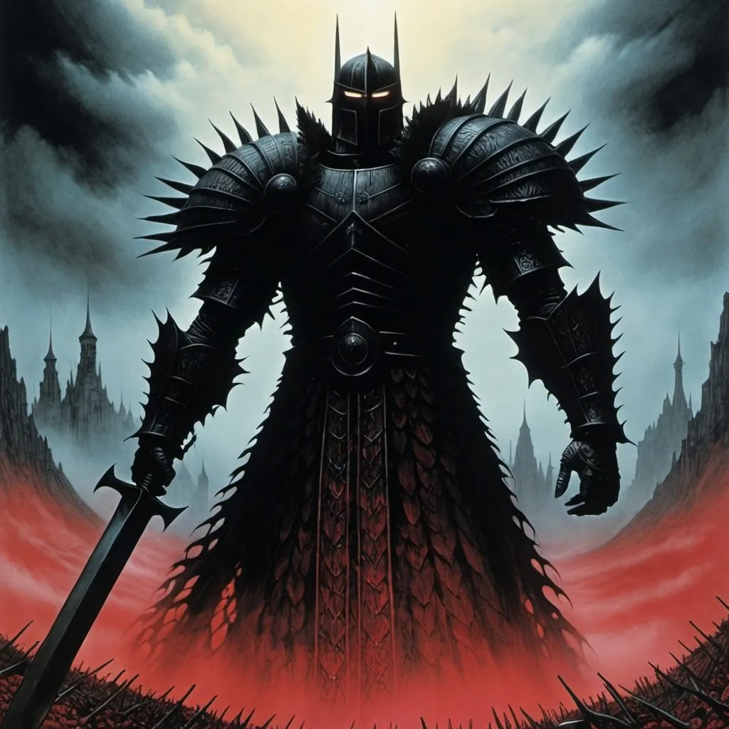 Prompt: guts from berserk in the world of Beksinski, harpers bazaar