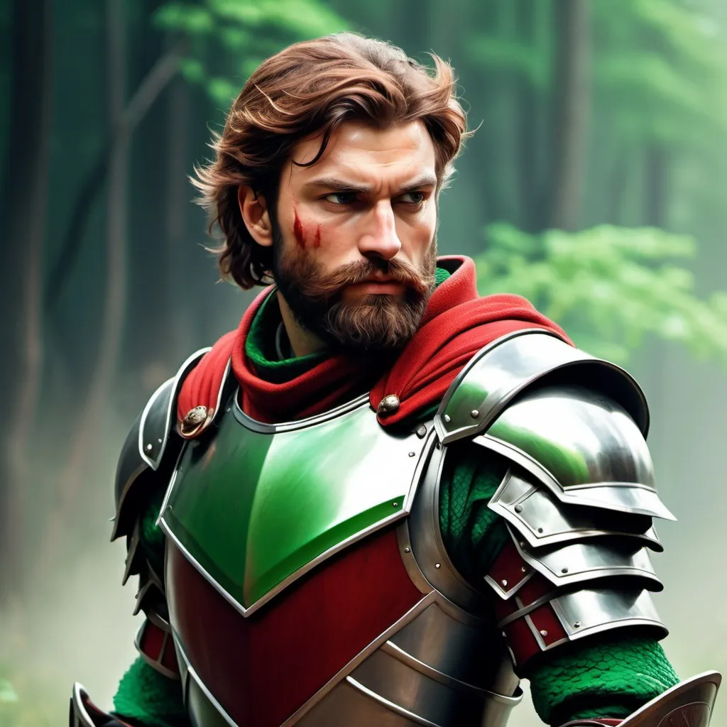 Prompt: rugged ugly scarred male knight with brown hair and beard, red and green armor, dynamic pose, in the style of flora borsi, ilya kuvshinov, cold and detached atmosphere 