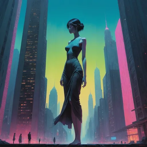 Prompt: 50ft tall woman among skyscrapers with a tiny figure next to her, retrofuturistic clothing, cyberpunk, bright neon colors, An incredibly ethereal world in style of Beksinski, harpers bazaar
atey ghailan, Art by Jock,  pino daeni , art by lois van baarle and loish and ross tran , Charles Vess, Chiho Aoshima , Kay Nielsen, 