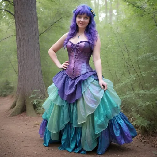 Prompt: fairy mermaid Renaissance fair outfit, gauzy and iridescent fabric, billowing layered skirt and cinched corset, shiny translucent iridescent purple green and blue
