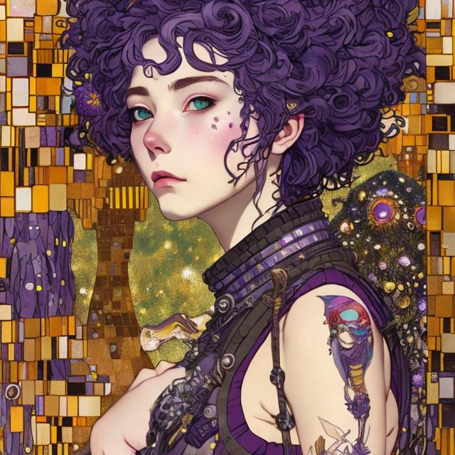 Prompt: beautiful adult punk woman with wild purple hair wearing shining armor, style of studio ghibli, gustav klimt, pixar, high quality, realistic, photo realistic
