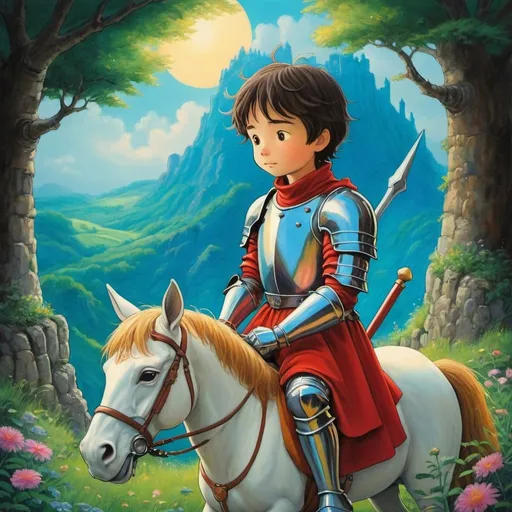 Prompt: storybook knight, romantic, dreamy, studio ghibli, masterpiece painting, vivid colors, detailed