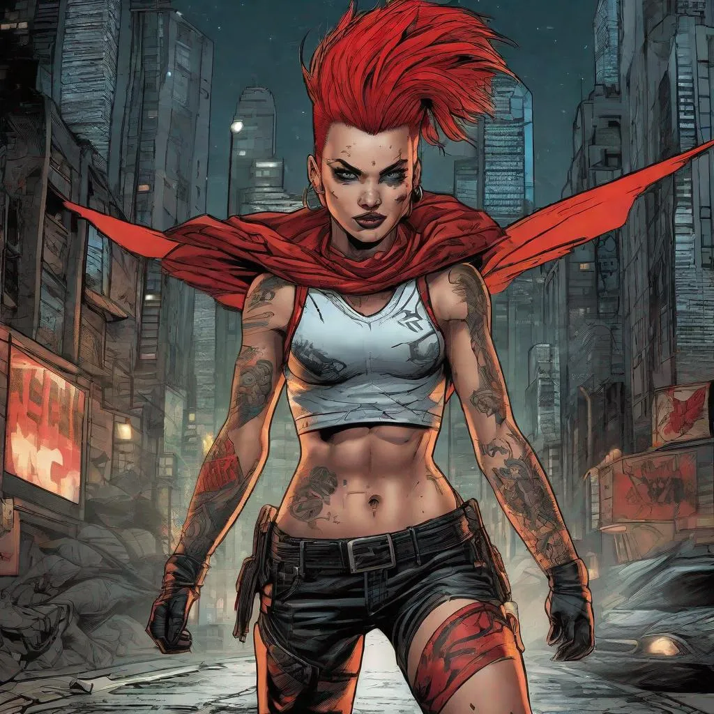 Prompt: female punk superhero flying in a dark city, red mohawk, detailed face, tattoos, tank top, Dan Mumford, Brock Hofer, Neal Adams, trending on artstation