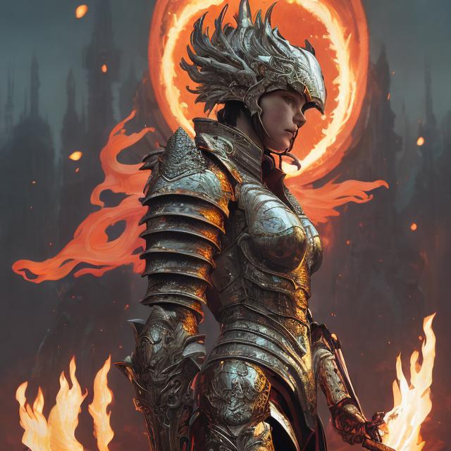 Prompt: woman in heavy armor and a fiery sword, by martine johanna and simon stalenhag and chie yoshii and casey weldon and wlop : : ornate, dynamic, particulate, rich colors, intricate, elegant, highly detailed, harper's bazaar art, fashion magazine, smooth, sharp focus, 8 k, octane render