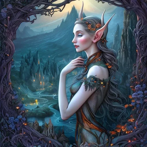 Prompt: close up of beautiful elf, harpers bazaar, Mountain with glowing river, in the style of William Morris, moonlit flowers, highres, fantasy, ethereal lighting, detailed nature, enchanting atmosphere, glowing flora, dreamlike, surreal, whimsical, mystical setting, fairytale, vibrant colors, soft moonlight, illustration, photograph, blue and orange colors