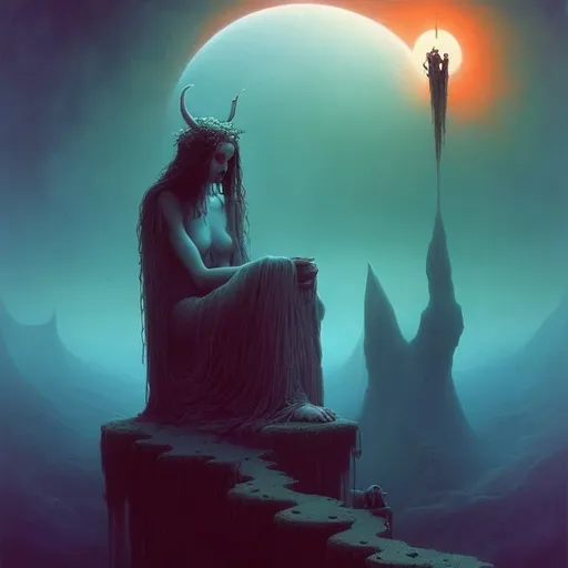 Prompt: lonely goddess of death, high quality, in the style Michael Whelan, Beksinski, highres, fantasy, ethereal lighting, enchanting atmosphere, dreamlike, surreal, whimsical, mystical setting, fairytale, vibrant colors, soft moonlight, illustration