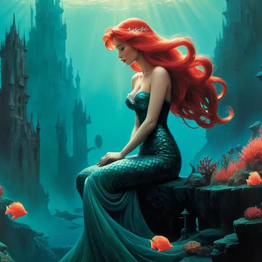 Prompt: the little mermaid ariel in the world of of Beksinski, harpers bazaar, close up