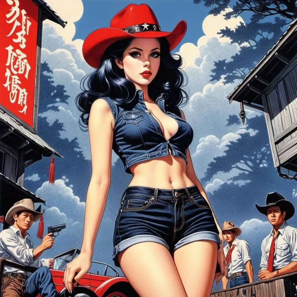 Prompt: Virgil Finlay, Tsubaki Nekoi, Vasanti Unka, Hiroshi Masumura, Chiho Saito, goth punk in black jean shorts and red cowboy boot and hat, detailed masterpiece low high angles perspectives, lana del rey, Wednesday adams, full body pinup, red and navy color