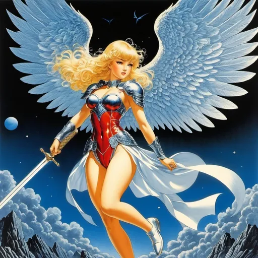 Prompt: Virgil Finlay, Tsubaki Nekoi, Vasanti Unka, Hiroshi Masumura, Chiho Saito, Surrealism, wonder, strange, bizarre, fantasy, Sci-fi, Japanese anime, righteous valkaryie with wings and sword, blonde hair and square jaw, detailed masterpiece low high angles perspectives, blue and red coloring 