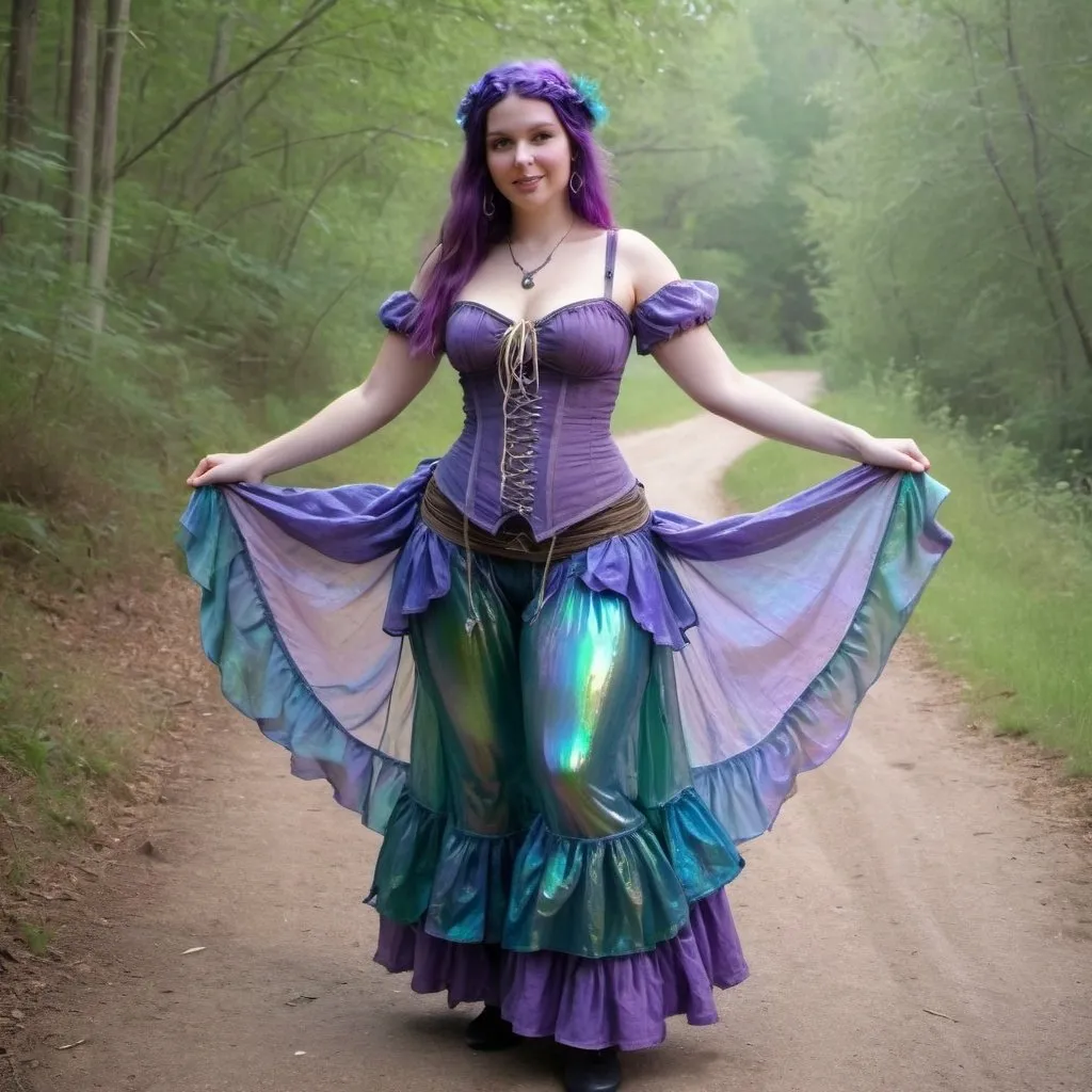 Prompt: elf fairy mermaid Renaissance fair outfit, gauzy and iridescent fabric, iridescent billowing layered gypsy peasant skirt and cinched corset, shiny translucent iridescent purple green and blue
