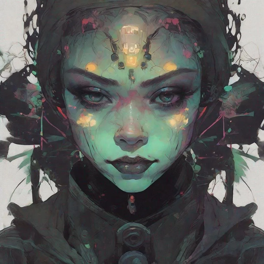 Prompt: closeup illustration of a pitch darkness portrait ,  fluorescent handprint on model's face,  steampunk garden gnome, grunge, atey ghailan, Art by Jock,  pino daeni , art by lois van baarle and loish and ross tran , Charles Vess, Chiho Aoshima , Kay Nielsen, dark ambient, chiaroscuro, Simon Bisley, and H.R. Giger. insist artstation, art by stanley artgerm, painting by daniel f gerhartz,  art by Andrew Atroshenko, 

