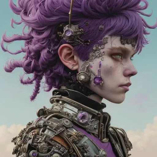 Prompt: purple haired punk in armor, by martine johanna and simon stalenhag and chie yoshii and casey weldon and wlop : : ornate, dynamic, particulate, rich colors, intricate, elegant, highly detailed, harper's bazaar art, fashion magazine, smooth, sharp focus, 8 k, octane render