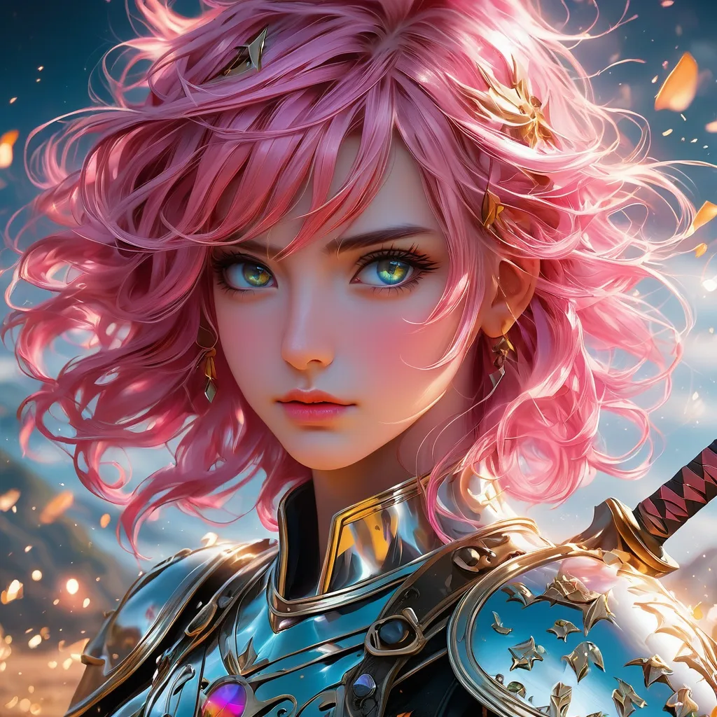 Prompt: Full body, oil painting, young 22 years old punk girl, ((beautiful detailed face and glowing anime eyes)), pink hair, dark eyebrows, looking at the viewer| shinning silver plate mail holding magical longsword and shield, intricate hyper detailed hair, intricate hyper detailed eyelashes, intricate hyper detailed shining pupils, #3238, UHD, hd , 8k eyes, detailed face, big anime dreamy eyes, 8k eyes, intricate details, insanely detailed, masterpiece, cinematic lighting, 8k, complementary colors, golden ratio, octane render, volumetric lighting, unreal 5, artwork, concept art, cover, top model, light on hair colorful glamourous hyperdetailed battlefield background, intricate hyperdetailed breathtaking colorful glamorous scenic view landscape, ultra-fine details, hyper-focused, deep colors, dramatic lighting, ambient lighting god rays | by sakimi chan, artgerm, wlop, pixiv, tumblr, instagram, deviantart