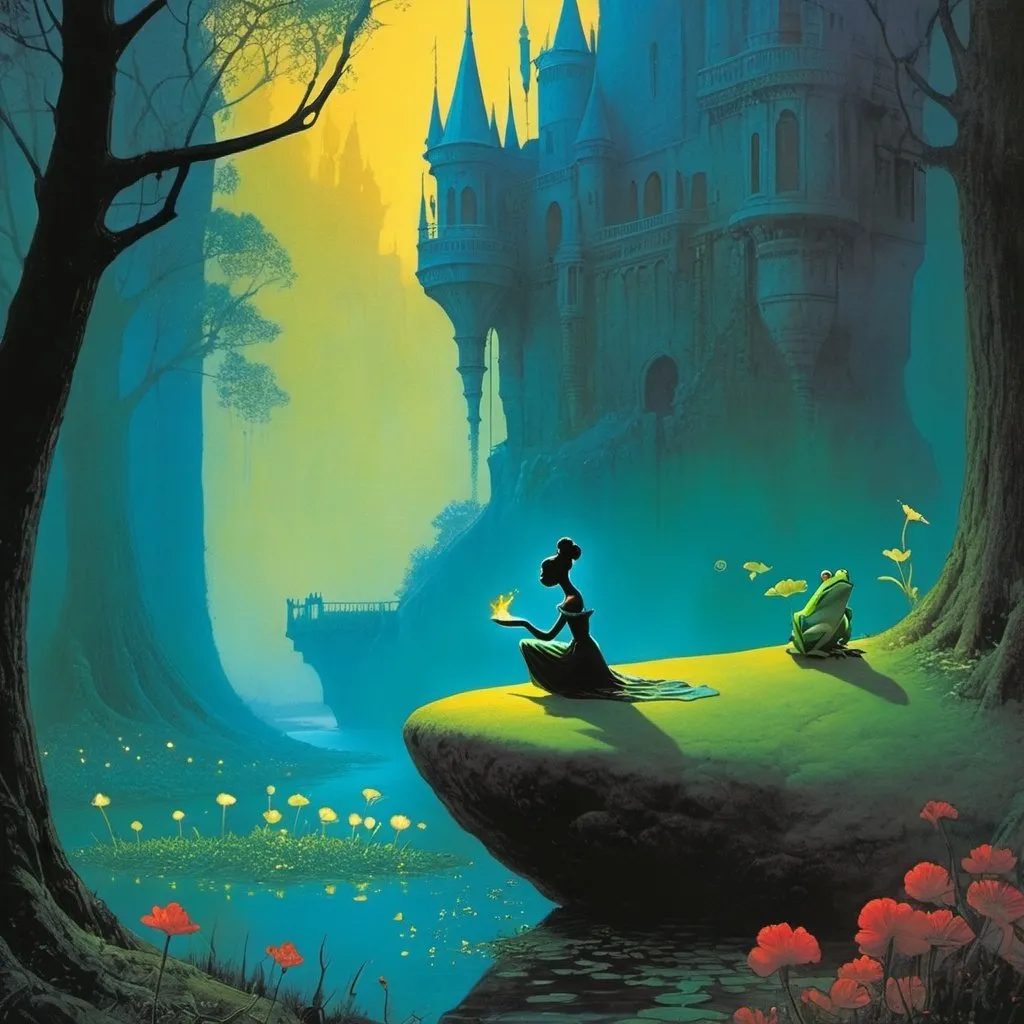 Prompt: princess and the frog in the world of Beksinski, harpers bazaar