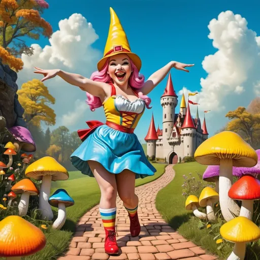 Prompt: happy pinup female gnome, dancing, action pose, high quality, highres, 1950s, vintage, rainbow mushrooms, dreamlike, surreal, yellow brick road leading to a castle, whimsical, mystical setting, fairytale, vibrant colors