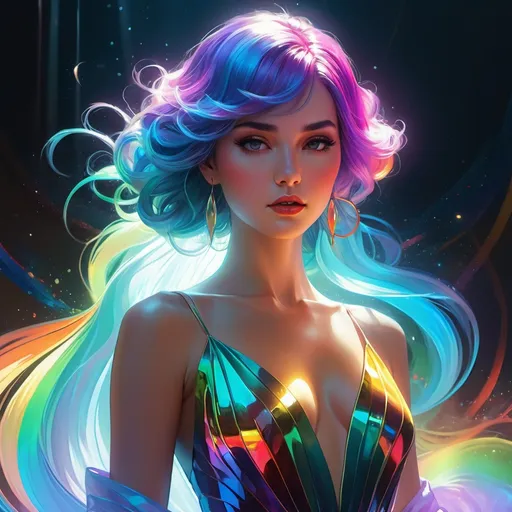 Prompt: dramatic action, fighting stance, super-high-detailed, floor length rainbow hair with irre
iridescent gown, sharp jaws and thick eyebrows, masculine features, quality, sharp focus, 8k, intricately detailed environment,  watercolor illustration, colorful, bright colors, whimsical, glowing lights, liquid otherworldly, Broken Glass effect, stunning, something that even doesn't exist, mythical being, energy, molecular, textures, iridescent and luminescent scales, breathtaking beauty, pure perfection, divine presence, unforgettable, impressive, breathtaking beauty, Volumetric light, auras, rays, vivid colors reflects, unreal engine, greg rutkowski, loish, rhads, beeple, makoto shinkai and lois van baarle, ilya kuvshinov, rossdraws, tom bagshaw, alphonse mucha, global illumination, detailed and intricate environment