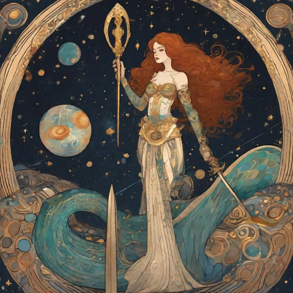 Prompt: auburn haired lady with sword and shield in space, cartoon style of gustav klimt, mermaid