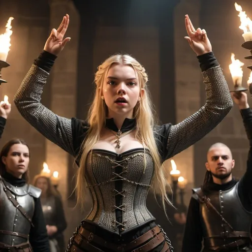 Prompt: woman in modern knightcore outfit, renaissance outfit, ranger, punk, hands raised in action post, chain mail, corset, long blonde hair flying out behind her, joan of arc, resembles anya taylor-joy, dramatic lighting