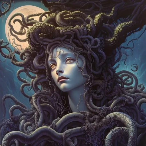 Prompt: painting of medusa, in the style Gerald Brom, moonlit flowers, highres, fantasy, ethereal lighting, detailed nature, enchanting atmosphere, glowing flora, dreamlike, surreal, whimsical, mystical setting, fairytale, vibrant colors, soft moonlight, illustration, photograph