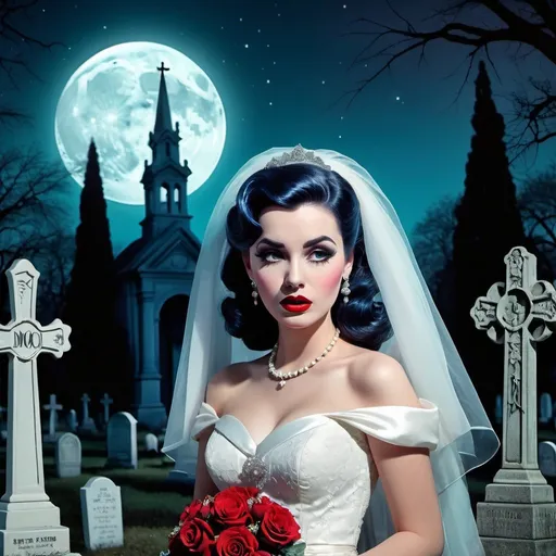 Prompt: pinup goth bride, large eyes crying, moonlit cemetery, high quality, highres, 1950s, vintage, dreamlike, surreal, whimsical, mystical setting, fairytale, vibrant colors