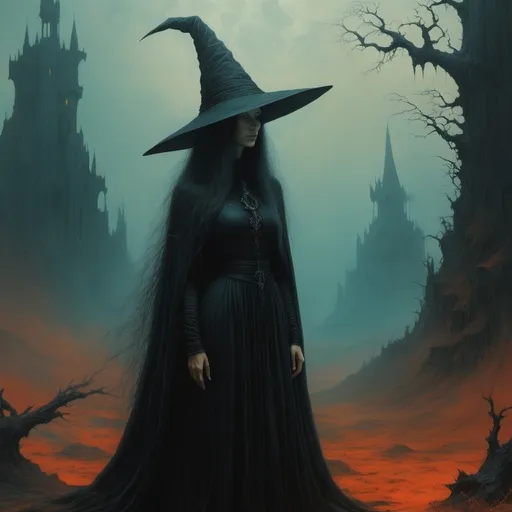 Prompt: beautiful but terrible female witch in the world of of Beksinski, harpers bazaar, close up