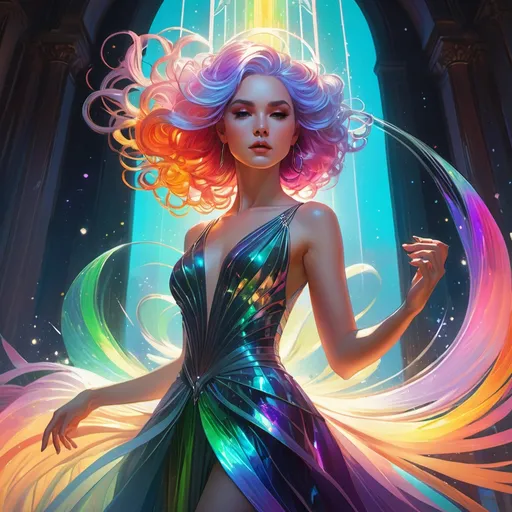 Prompt: dramatic action, fighting stance, super-high-detailed, floor length rainbow hair with irre
iridescent gown, sharp jaws and thick eyebrows, masculine features, quality, sharp focus, 8k, intricately detailed environment,  watercolor illustration, colorful, bright colors, whimsical, glowing lights, liquid otherworldly, Broken Glass effect, stunning, something that even doesn't exist, mythical being, energy, molecular, textures, iridescent and luminescent scales, breathtaking beauty, pure perfection, divine presence, unforgettable, impressive, breathtaking beauty, Volumetric light, auras, rays, vivid colors reflects, unreal engine, greg rutkowski, loish, rhads, beeple, makoto shinkai and lois van baarle, ilya kuvshinov, rossdraws, tom bagshaw, alphonse mucha, global illumination, detailed and intricate environment