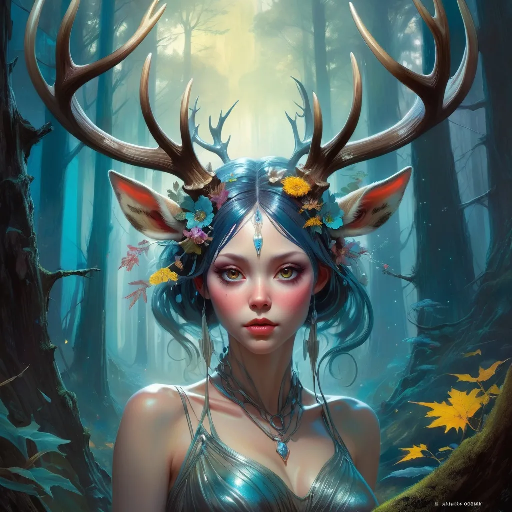 Prompt: lovely forest nymph with deer antlers, large eyes, heavily detailed, organic shapes, unique universe, concept art, primary color hues, magical world, bright uplifting tones, dynamic lighting, professional, highres, ultra-detailed, retro-futurism, Art by Jock, pino daeni , art by lois van baarle and loish and ross tran , Charles Vess, Chiho Aoshima , Kay Nielsen, dark ambient, chiaroscuro, Simon Bisley, and H.R. Giger. insist artstation, art by stanley artgerm, painting by daniel f gerhartz, art by Andrew Atroshenko,