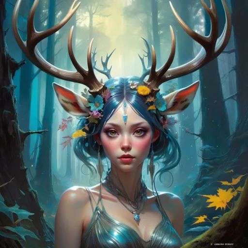 Prompt: lovely forest nymph with deer antlers, large eyes, heavily detailed, organic shapes, unique universe, concept art, primary color hues, magical world, bright uplifting tones, dynamic lighting, professional, highres, ultra-detailed, retro-futurism, Art by Jock, pino daeni , art by lois van baarle and loish and ross tran , Charles Vess, Chiho Aoshima , Kay Nielsen, dark ambient, chiaroscuro, Simon Bisley, and H.R. Giger. insist artstation, art by stanley artgerm, painting by daniel f gerhartz, art by Andrew Atroshenko,