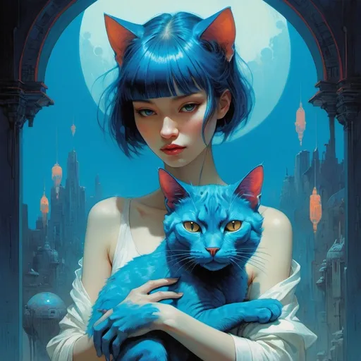 Prompt: woman holding a blue cat, retrofuturistic clothing, cyberpunk, bright neon colors, An incredibly ethereal world in style of Beksinski, harpers bazaar
atey ghailan, Art by Jock,  pino daeni , art by lois van baarle and loish and ross tran , Charles Vess, Chiho Aoshima , Kay Nielsen, 