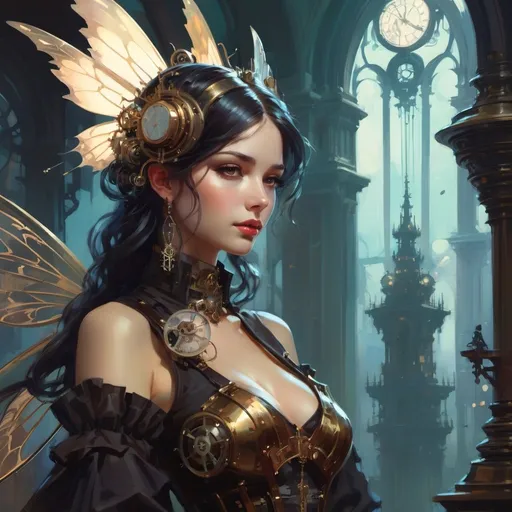 Prompt:  steampunk fairy in a fantasy world, grunge, atey ghailan, Art by Jock,  pino daeni , art by lois van baarle and loish and ross tran , Charles Vess, Chiho Aoshima , Kay Nielsen, dark ambient, chiaroscuro, Simon Bisley, and H.R. Giger. insist artstation, art by stanley artgerm, painting by daniel f gerhartz,  art by Andrew Atroshenko,
