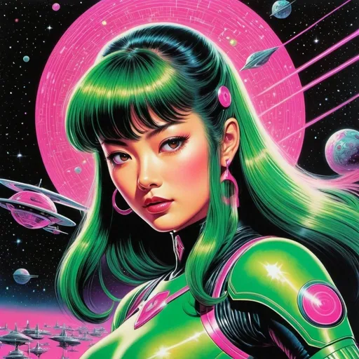 Prompt: Virgil Finlay, Tsubaki Nekoi, Vasanti Unka, Hiroshi Masumura, Chiho Saito, Surrealism, wonder, strange, bizarre, fantasy, Sci-fi, Japanese anime, cyberpunk bounty hunter, bionic, detailed masterpiece low high angles perspectives, star trek, glowing neon, pink and green colors