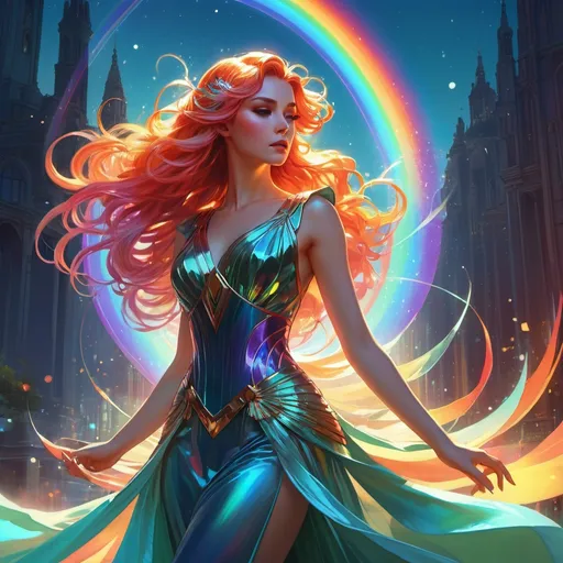 Prompt: dramatic action, fighting stance, super-high-detailed, very long rainbow hair with
iridescent gown, sharp jaws and thick eyebrows, masculine features, quality, sharp focus, 8k, intricately detailed environment,  watercolor illustration, colorful, bright colors, whimsical, glowing lights, liquid otherworldly, Broken Glass effect, stunning, something that even doesn't exist, mythical being, energy, molecular, textures, iridescent and luminescent scales, breathtaking beauty, pure perfection, divine presence, unforgettable, impressive, breathtaking beauty, Volumetric light, auras, rays, vivid colors reflects, unreal engine, greg rutkowski, loish, rhads, beeple, makoto shinkai and lois van baarle, ilya kuvshinov, rossdraws, tom bagshaw, alphonse mucha, global illumination, detailed and intricate environment