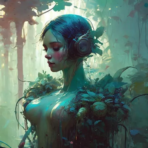 Prompt: forest nymph, heavily detailed, organic shapes, unique universe, concept art, primary color hues, magical world, bright uplifting tones, dynamic lighting, professional, highres, ultra-detailed, retro-futurism, dynamic lighting, unique concept,  atey ghailan, Art by Jock, pino daeni 