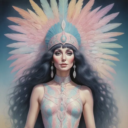 Prompt: Gouache paint painting of full body young 70s Cher, pastel color, dreamy, surrealism, abstract painted background with gouache paint strokes, intricate details, 3D rendering, octane rendering . Nicoletta Ceccoli style, Virgil Finlay, Tsubaki Nekoi, Vasanti Unka, Hiroshi Masumura, Chiho Saito,
