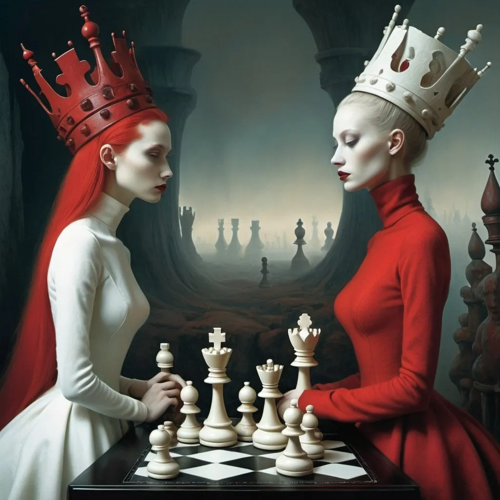 Prompt: red queen and white queen in the world of Beksinski, chess, harpers bazaar