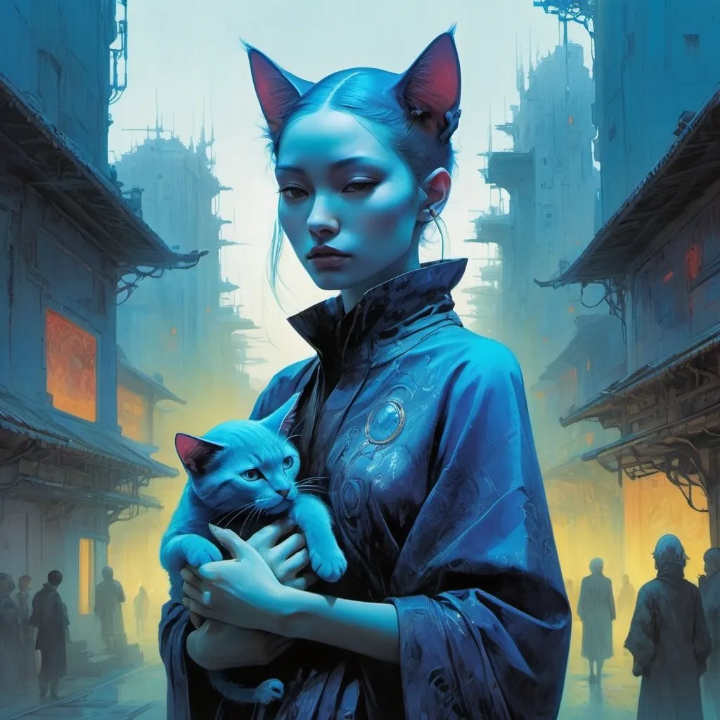 Prompt: woman holding a blue cat, retrofuturistic clothing, cyberpunk, bright neon colors, An incredibly ethereal world in style of Beksinski, harpers bazaar
atey ghailan, Art by Jock,  pino daeni , art by lois van baarle and loish and ross tran , Charles Vess, Chiho Aoshima , Kay Nielsen, 