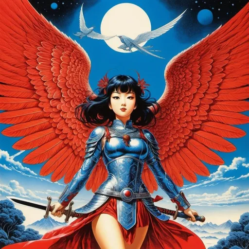 Prompt: Virgil Finlay, Tsubaki Nekoi, Vasanti Unka, Hiroshi Masumura, Chiho Saito, Surrealism, wonder, strange, bizarre, fantasy, Sci-fi, Japanese anime, righteous valkaryie with wings and sword,  detailed masterpiece low high angles perspectives, blue and red coloring 