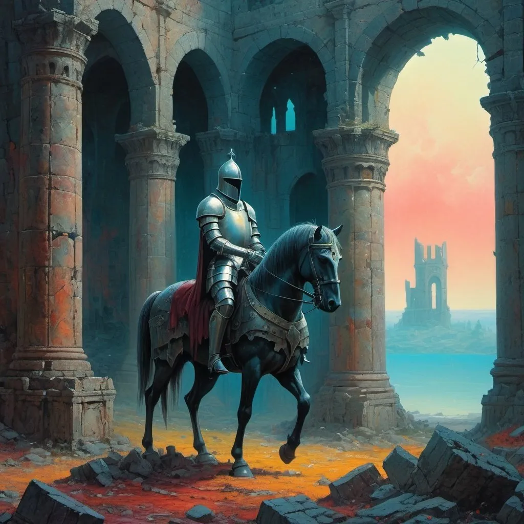 Prompt: close up of lonely knight among palatial ruins of a battle, dreamy, dark fantasy, animated style, mysterious, masterpiece painting, jewel colors, detailed, Beksinski