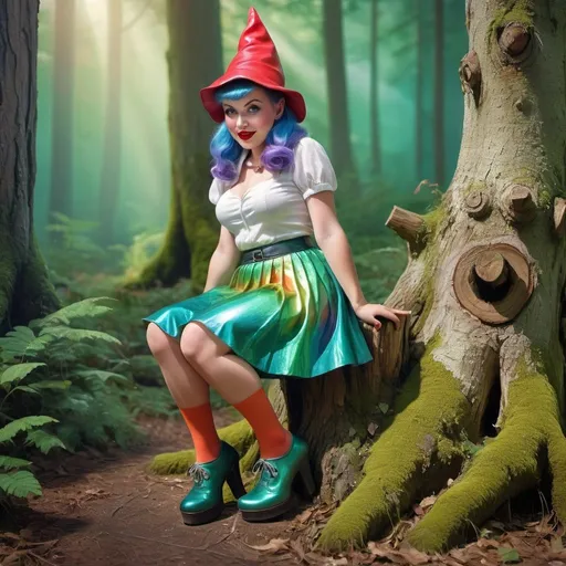 Prompt: pinup female gnome fitting on a tree stump in a forest, high quality, Keith Parkinson, highres, green iridescent skirt, 1950s, vintage, rainbow, dreamlike, surreal, whimsical, mystical setting, fairytale, vibrant colors