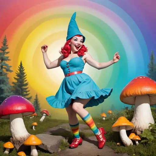 Prompt: happy pinup female gnome, dancing, action pose, high quality, highres, 1950s, vintage, rainbow mushrooms, dreamlike, surreal, whimsical, mystical setting, fairytale, vibrant colors